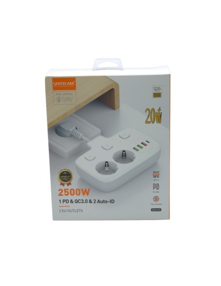 MULTIPRISE 2 SORTIES -2USB 2.4A-1USB 3.0 18W-1TYPE-C 20W SIYOTEAM 2500W SE2435