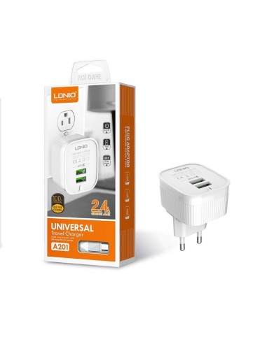 CHARGEUR USB 2 PORTS POUR MOBILE 2.4A MICRO LDNIO A201