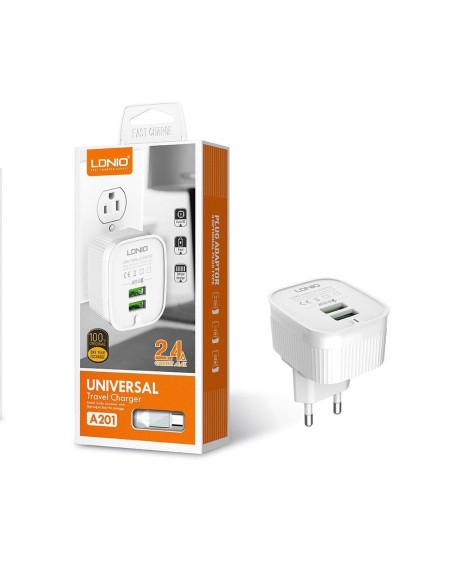 CHARGEUR USB 2 PORTS POUR MOBILE 2.4A MICRO LDNIO A201
