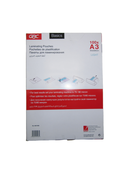 FILME DE PLASTIFICATION LIGHT A3 75-80 Mic 100 Pcs GBC